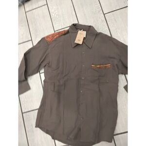 Rhea Brown Cotton Button Down Shirt Bohemian Tapestry Detail Mens Large LT232120